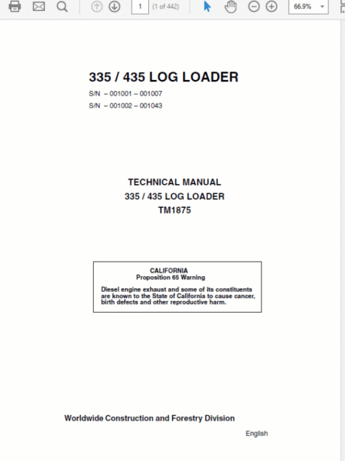 John Deere 335, 435 Log Loader Repair Technical Manual