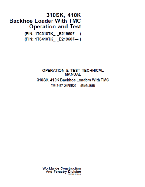 John Deere 310SK, 410K Backhoe Loader (TMC) Repair Technical Manual (S.N after E219607 – )