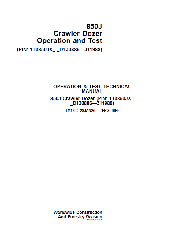 John Deere 850J Crawler Dozer Technical Manual (SN. from D130886 – D311988) John Deere 850J Crawler Dozer Technical Manual (SN. from D130886 – D311988) - Image 3