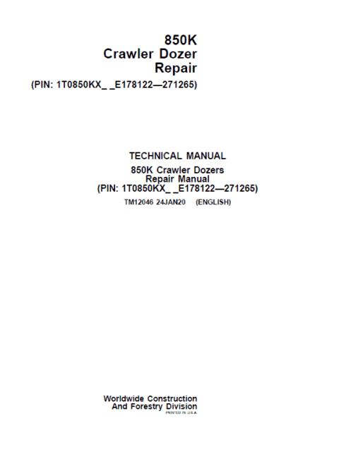 John Deere 850J-II Crawler Dozer Technical Manual (SN. from D306725 – D323043)