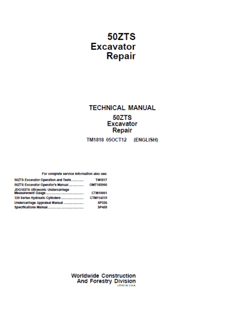 John Deere 50ZTS Excavator Repair Service Manual