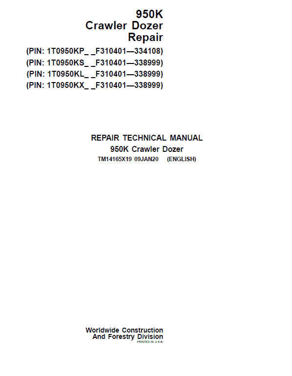 John Deere 950K Crawler Dozer Technical Manual (SN. from F310401 – 338999) John Deere 950K Crawler Dozer Technical Manual (SN. from F310401 – 338999) - Image 2