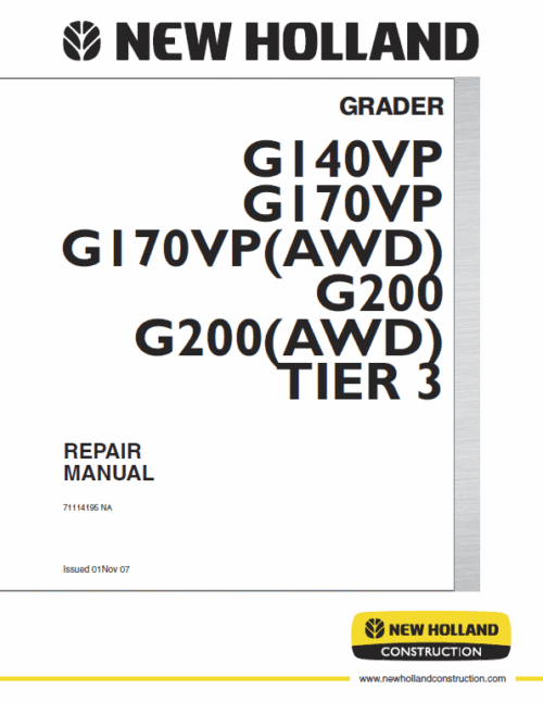 New Holland G140VP, G170VP, G200 Motor Grader Service Manual
