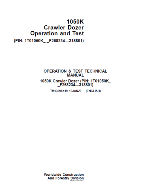 John Deere 1050K Crawler Dozer Service Repair Manual