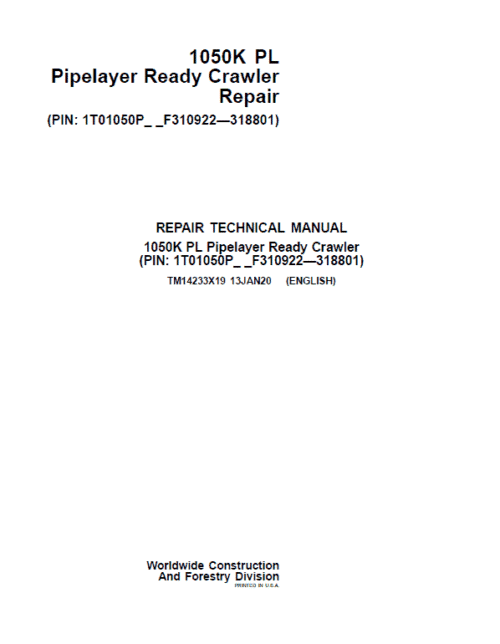 John Deere 1050K PL Pipelayer Crawler Dozer Repair Manual