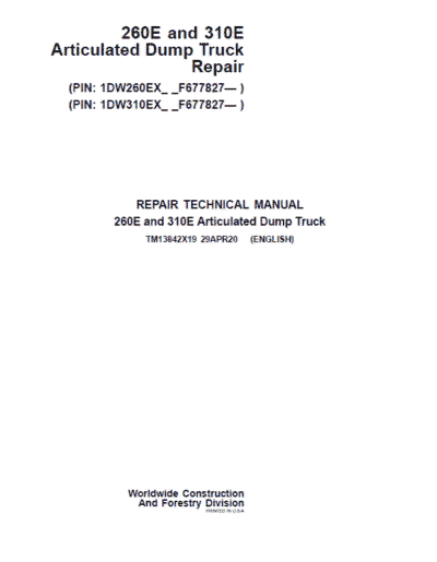 John Deere 260E and 310E Articulated Dump Truck Services Manual