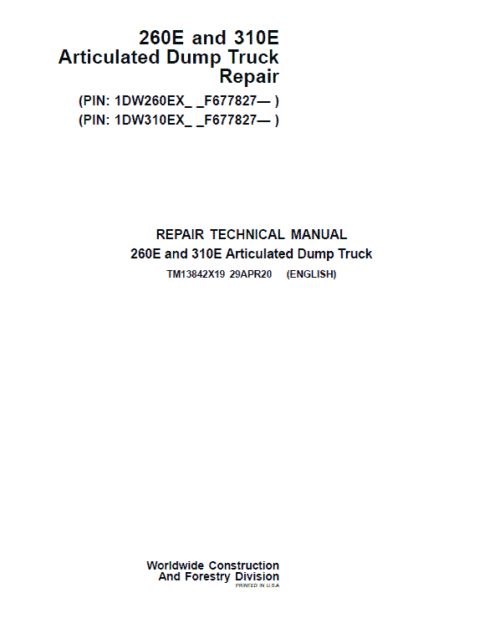 John Deere 260E and 310E Articulated Dump Truck Services Manual