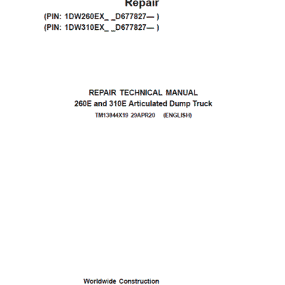 John Deere 260E and 310E Articulated Dump Truck Technical Manual (SN. from D677827)