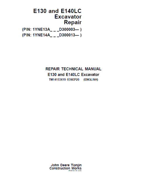 John Deere E130, E140LC Excavator Repair Service Manual