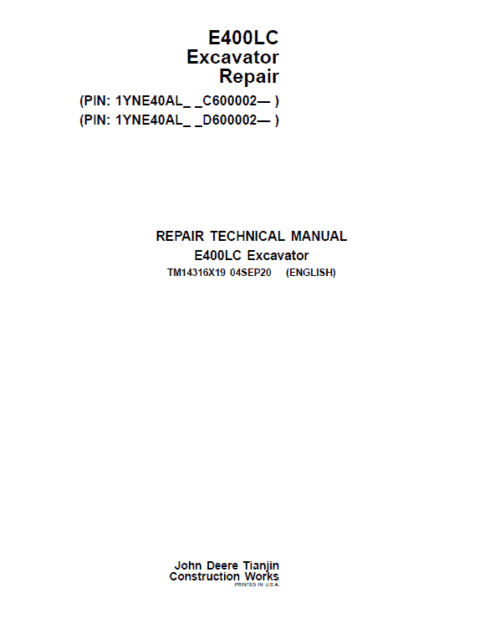 John Deere E400LC Excavator Repair Service Manual