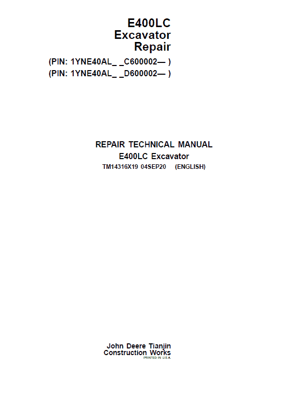John Deere E400LC Excavator Repair Service Manual John Deere E400LC Excavator Repair Service Manual