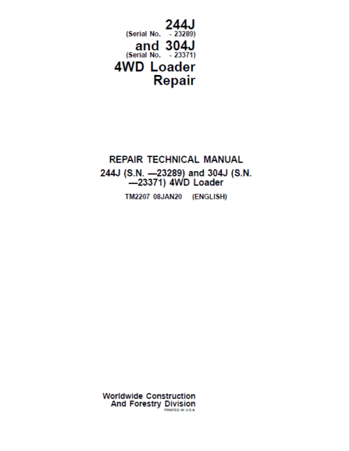 John Deere 244J, 304J 4WD Loader Technical Manual