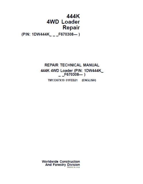 John Deere 444K 4WD Loader Technical Manual