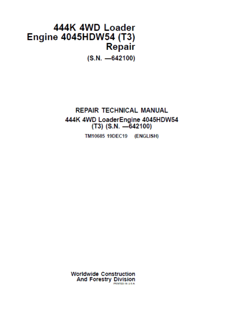 John Deere 444K 4WD Loader Engine 4045HDW54 Technical Manual