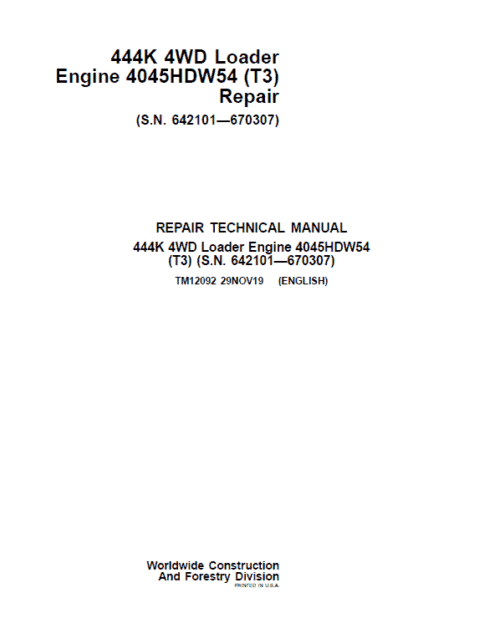 John Deere 444K 4WD Loader Engine 4045HDW54 T03 Technical Manual