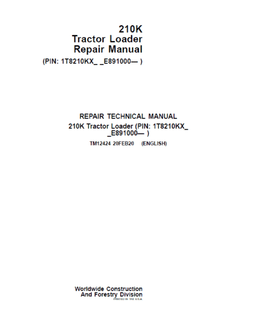 John Deere 210K Tractor Loader Repair Service Manual
