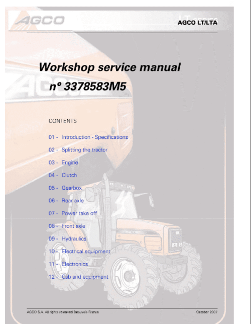 AGCO LT75, LT85, LT90, LT95 Tractor Workshop Repair Manual AGCO LT75, LT85, LT90, LT95 Tractor Workshop Repair Manual