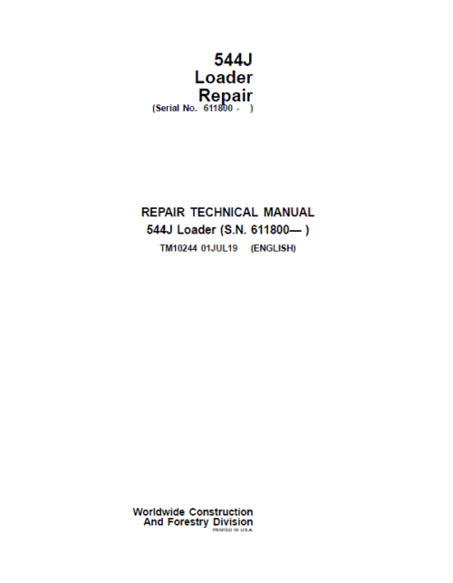 John Deere 544J Loader Repair Technical Manual