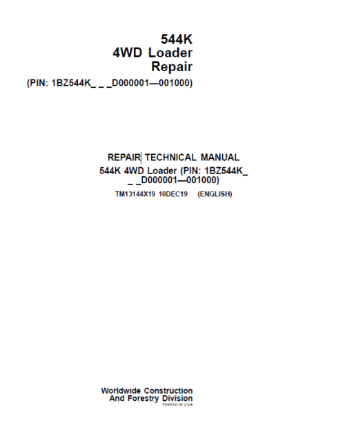 John Deere 544K 4WD Loader Services Manual