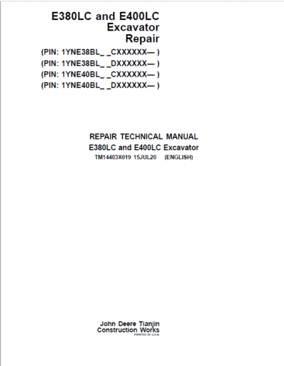 John Deere E380LC, E400LC Excavator Repair Manual