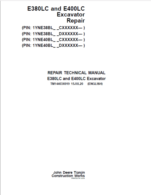 John Deere E380LC, E400LC Excavator Repair Manual
