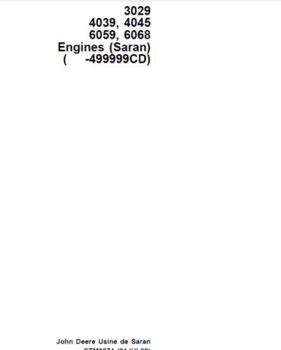 John Deere 3029, 4039, 4045, 6059, 6068 Engines Saran Repair Manual