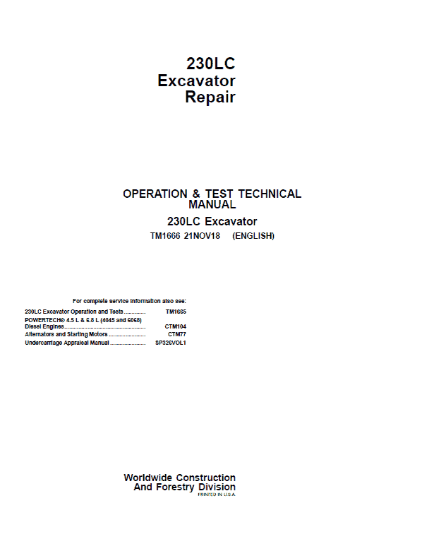 John Deere 230LC Excavator Repair Service Manual John Deere 230LC Excavator Repair Service Manual
