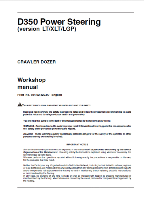 New Holland D350 LT, D350 XLT, D350 LGP Crawler Dozer Repair Service Manual