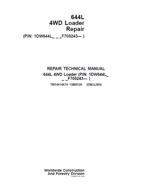 John Deere 644L 4WD Loader Repair Technical Manual