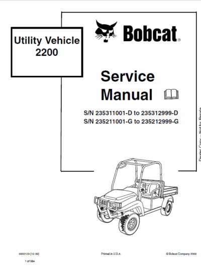 Bobcat 2200, 2200S, 2300 Utility Vehicle Service Manual