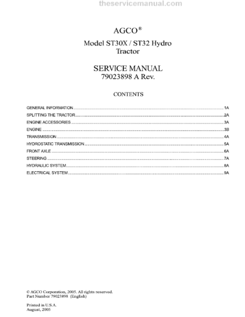 AGCO ST30X, ST32 Tractor Workshop Service Manual AGCO ST30X, ST32 Tractor Workshop Service Manual