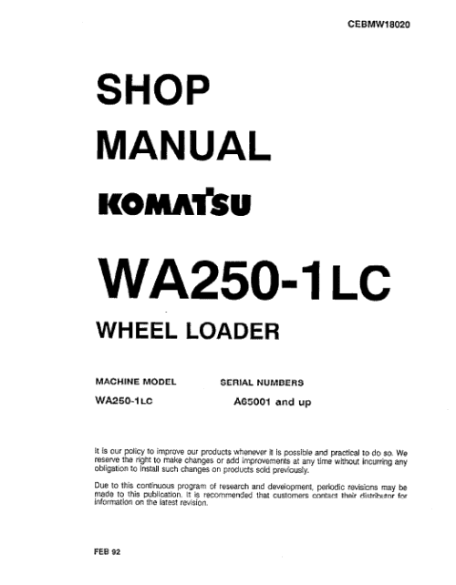 Komatsu Wa250-1Lc Wheel Loader Service Manual