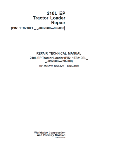 John Deere 210L EP Tractor Loader Repair Service