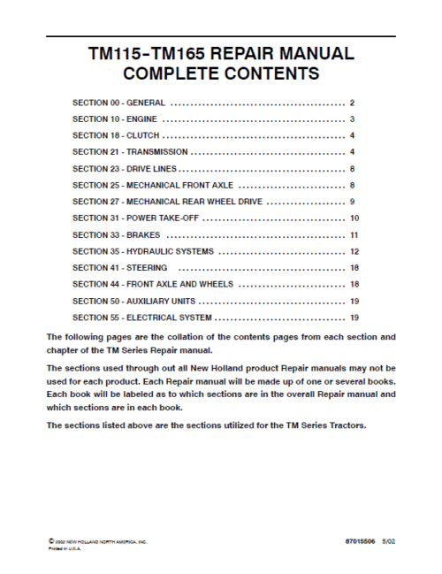 New Holland TM115 TM150 TM165 Tractor Service Manual