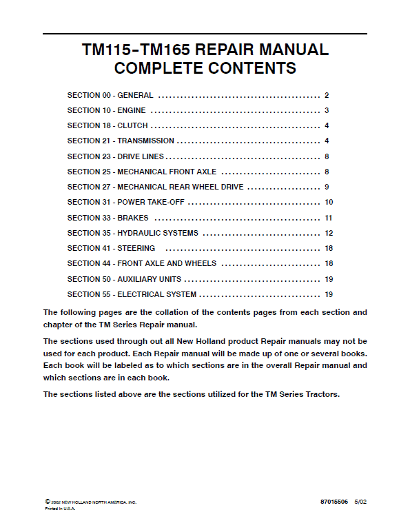 New Holland TM115 TM150 TM165 Tractor Service Manual New Holland TM115 TM150 TM165 Tractor Service Manual