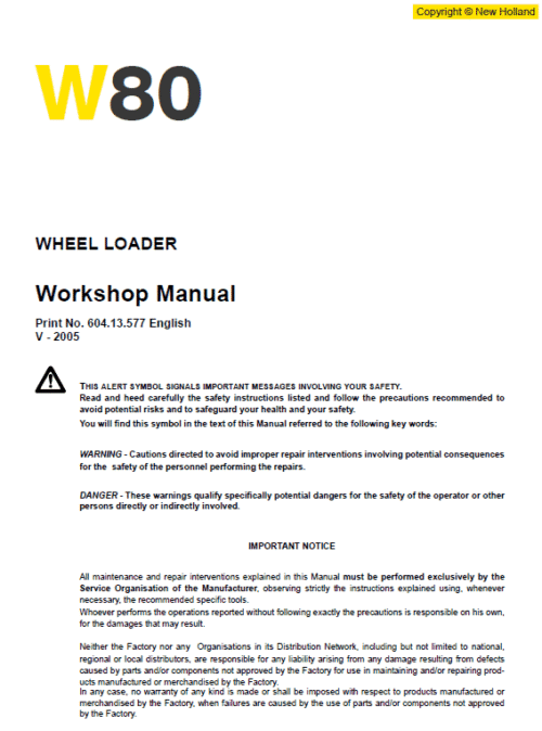 New Holland W80 Wheeled Loader Service Manual