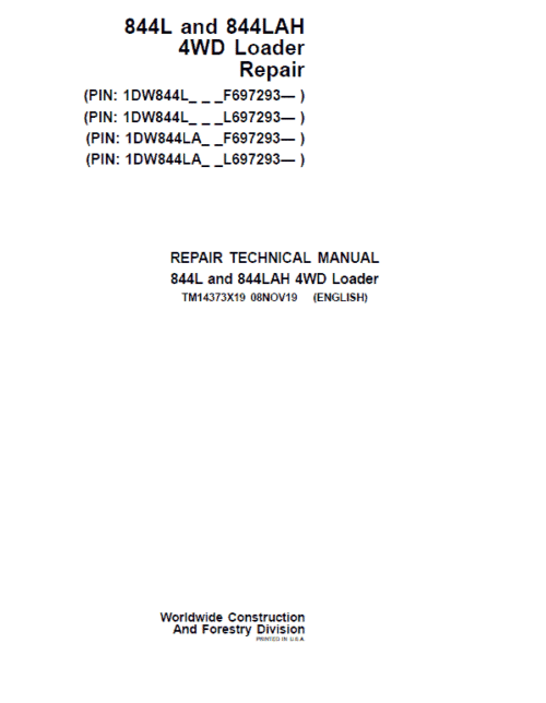 John Deere 844L, 844LAH 4WD Loader Repair Technical Manual