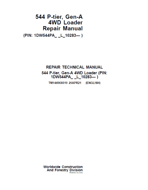 John Deere 544 P-Tier, Gen-A 4WD Loader Repair Technical Manual
