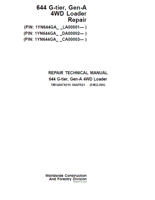 John Deere 624 G-Tier, Gen-A 4WD Loader Technical Manual