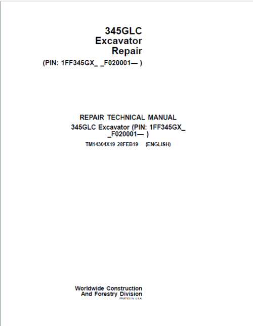 John Deere 345GLC Excavator Repair Service Manual