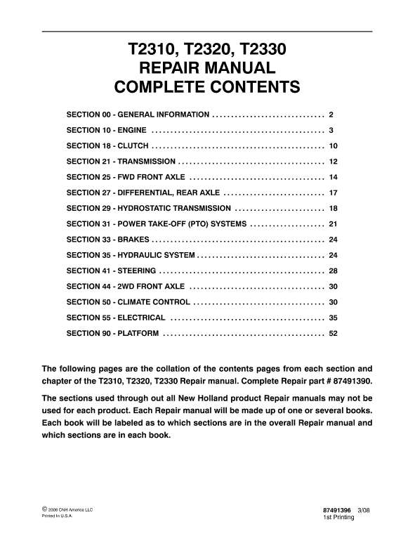 New Holland T2310, T2320, T2330 Tractor Service Manual New Holland T2310, T2320, T2330 Tractor Service Manual