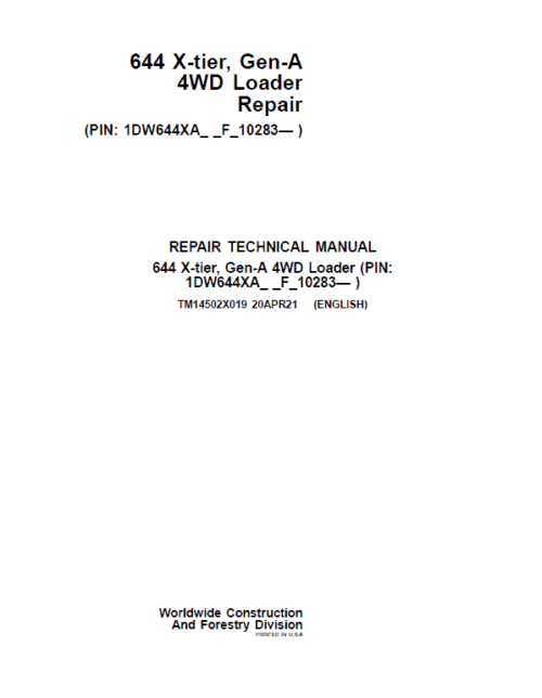 John Deere 644 X-Tier, Gen-A 4WD Loader Repair Technical Manual