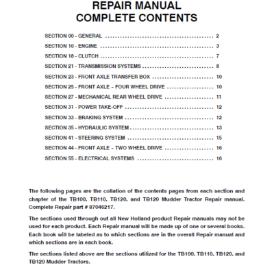 New Holland TB100, TB110, TB120 Tractor Service Manual