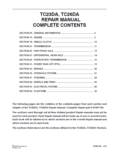 New Holland TC23DA, TC26DA Tractor Service Manual