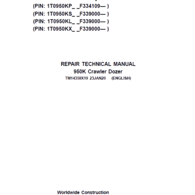 John Deere 950K Crawler Dozer Repair Technical Manual (S.N after F334109 – )