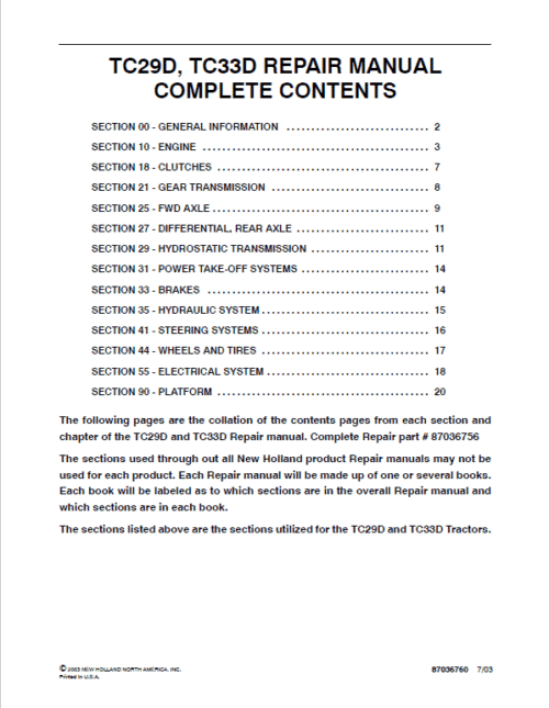 New Holland TC29D, TC33D Tractor Service Manual