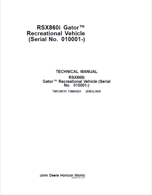 Manual de reparación del vehículo recreativo John Deere RSX860i Gator