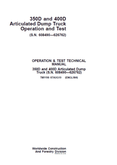 John Deere 350D, 400D Articulated Dump Truck Repair Manual