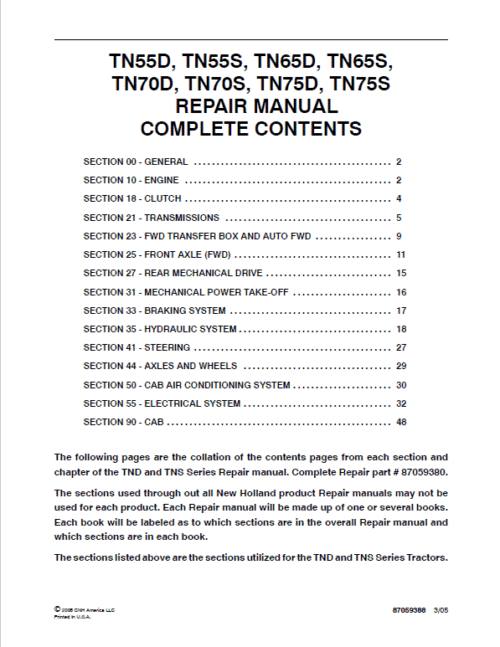 New Holland TN55D, TN65D, TN70D, TN75D Tractor Service Manual