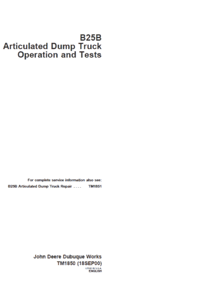 John Deere B25B Articulated Dump Truck Repair Service Manual